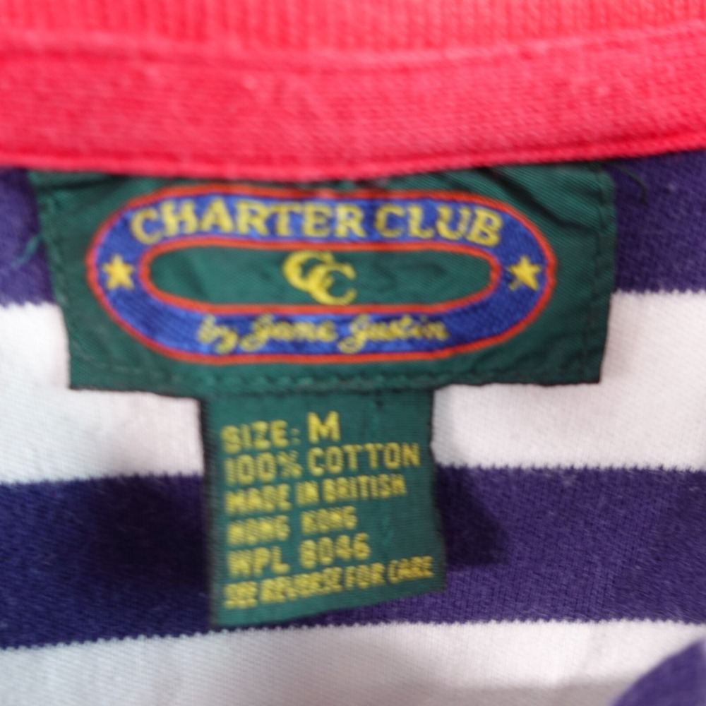 VINTAGE Striped Polo Shirt Mens Medium Blue Cotton CHARTER CLUB Short Sleeve Y2K - Picture 2 of 9